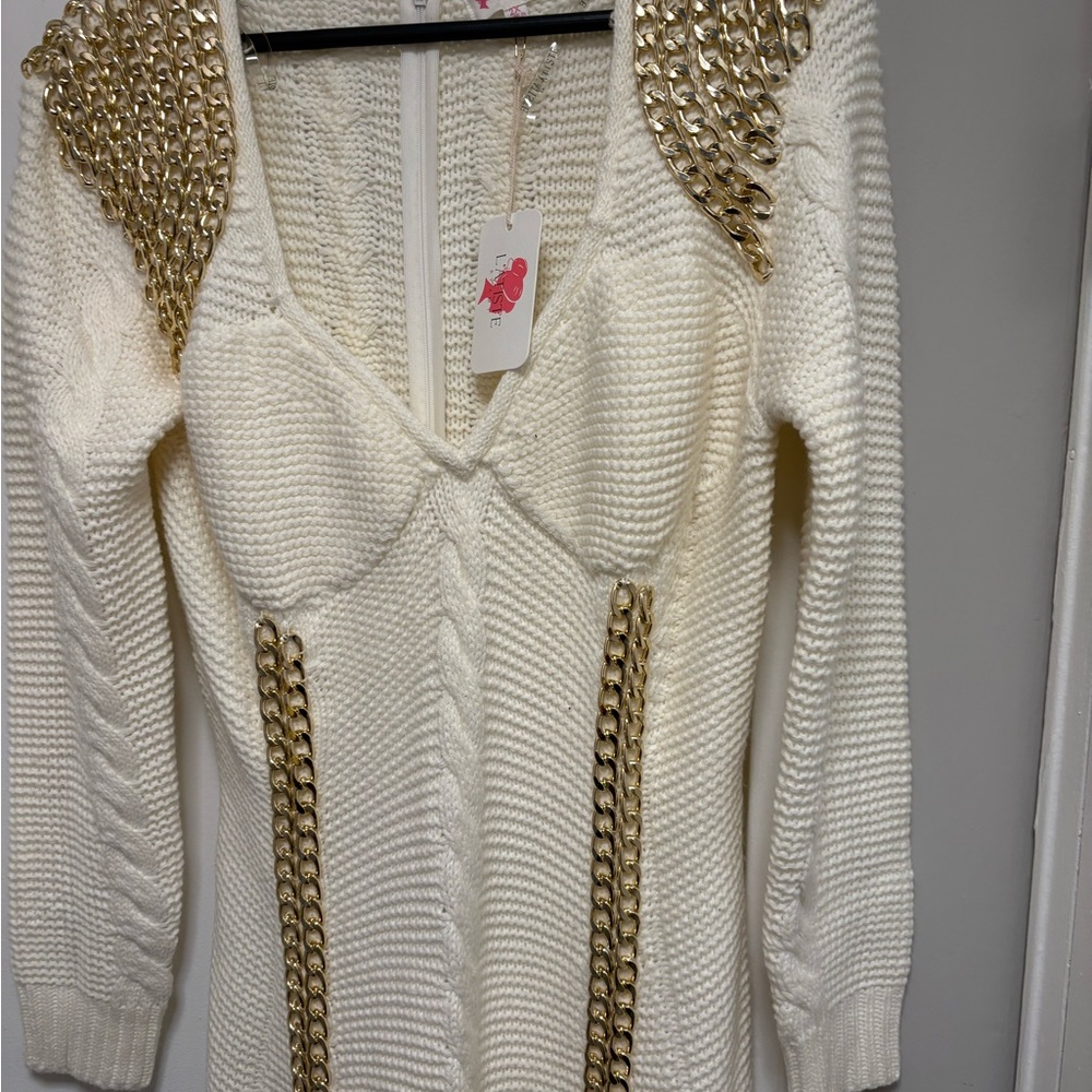 L'ATISTE Cream and Gold Long Sleeve Dress - Picture 5 of 12